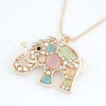 Cute elephant crystal opal long chain necklace